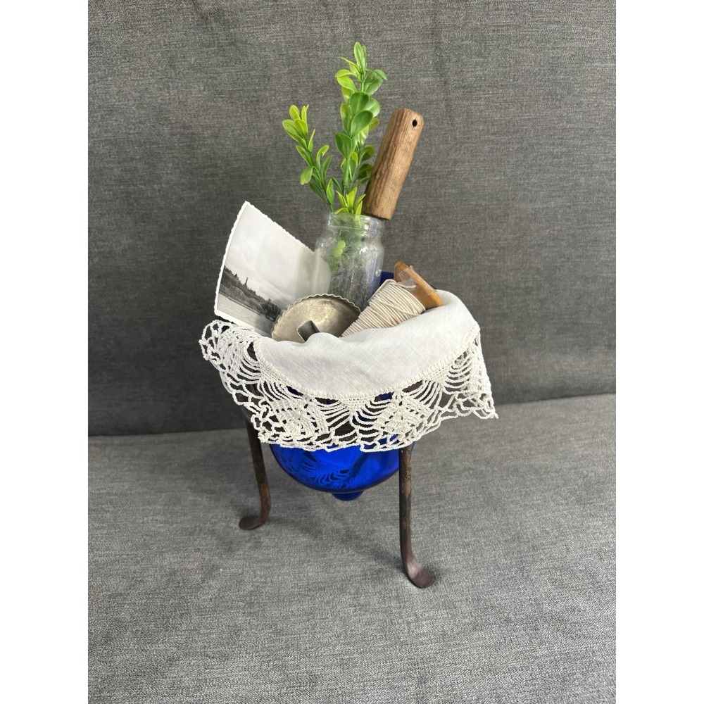 Vintage‎ Upcycled Repurposed Primitive Vignette Tabletop Decor Glass Cast Iron